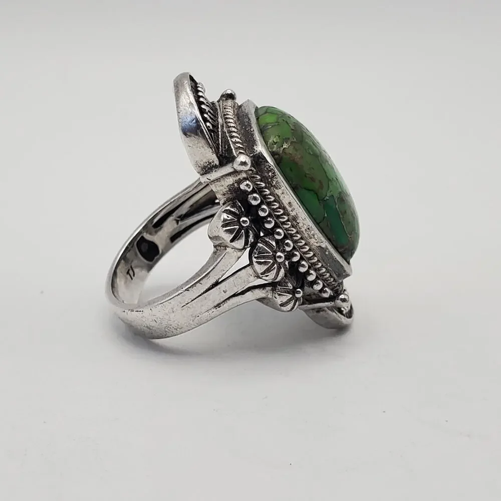Vintage 925 Sterling Silver Green Copper Turquoise Ring Size 7.75